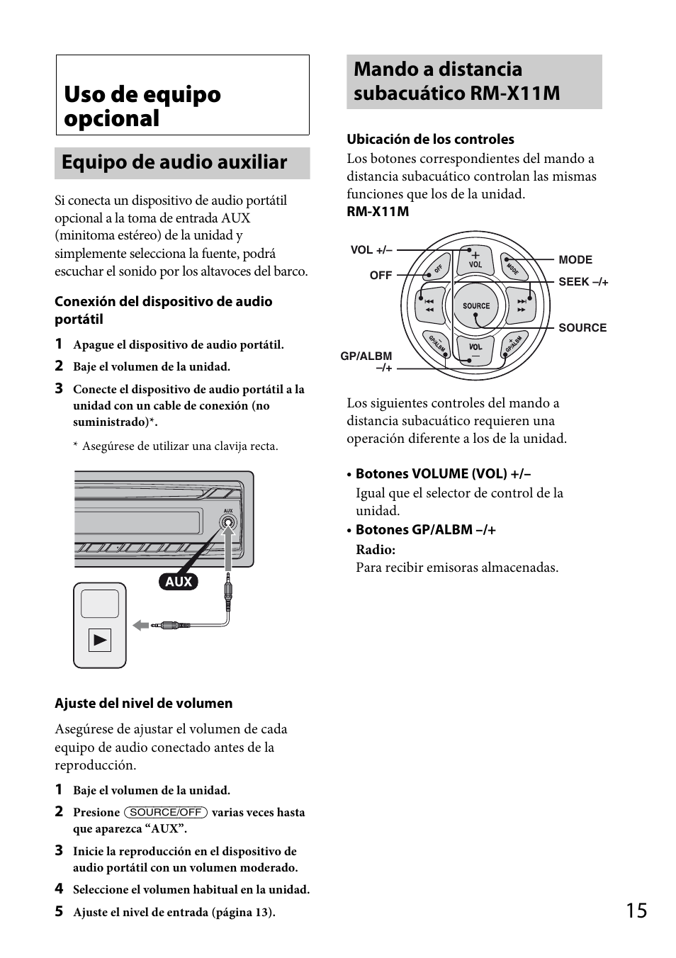 Uso de equipo opcional, Equipo de audio auxiliar, Mando a distancia subacuático rm-x11m | Sony CDX-M20 User Manual | Page 59 / 68