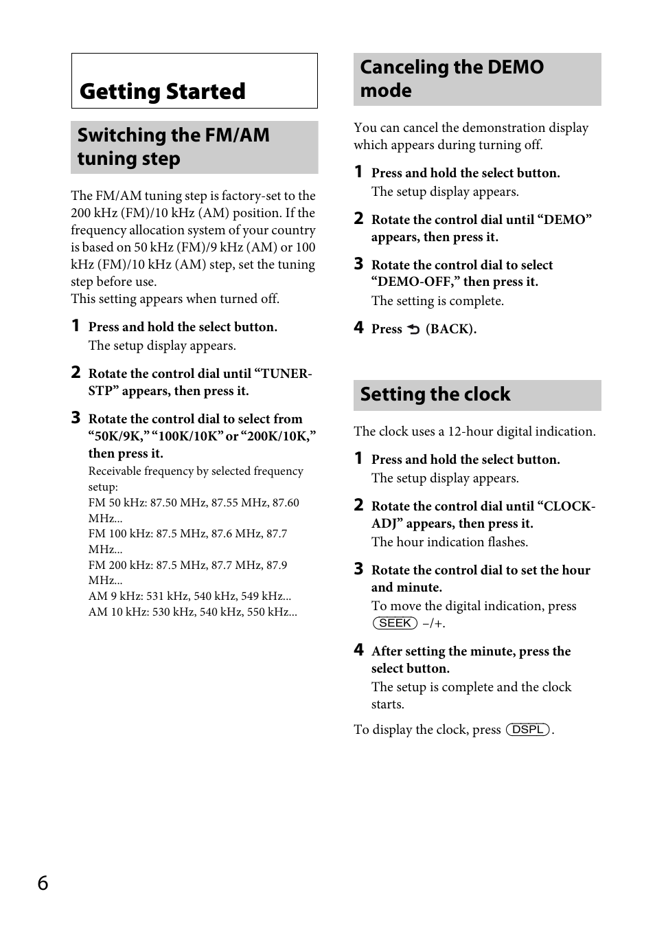 Getting started, Switching the fm/am tuning step, Canceling the demo mode | Setting the clock | Sony CDX-M20 User Manual | Page 6 / 68