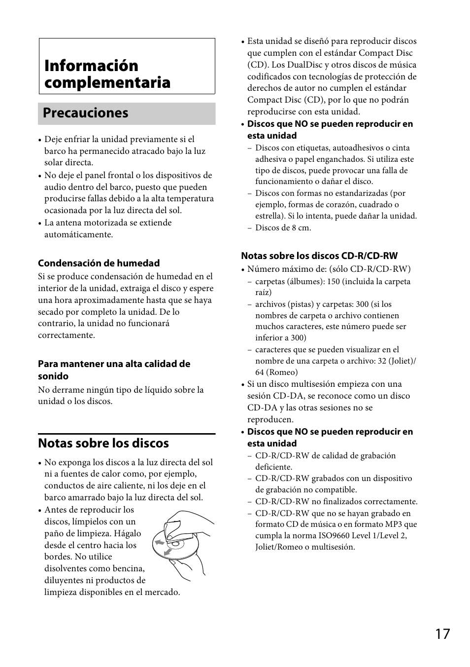 Información complementaria, Precauciones, Notas sobre los discos | Sony CDX-M20 User Manual | Page 61 / 68