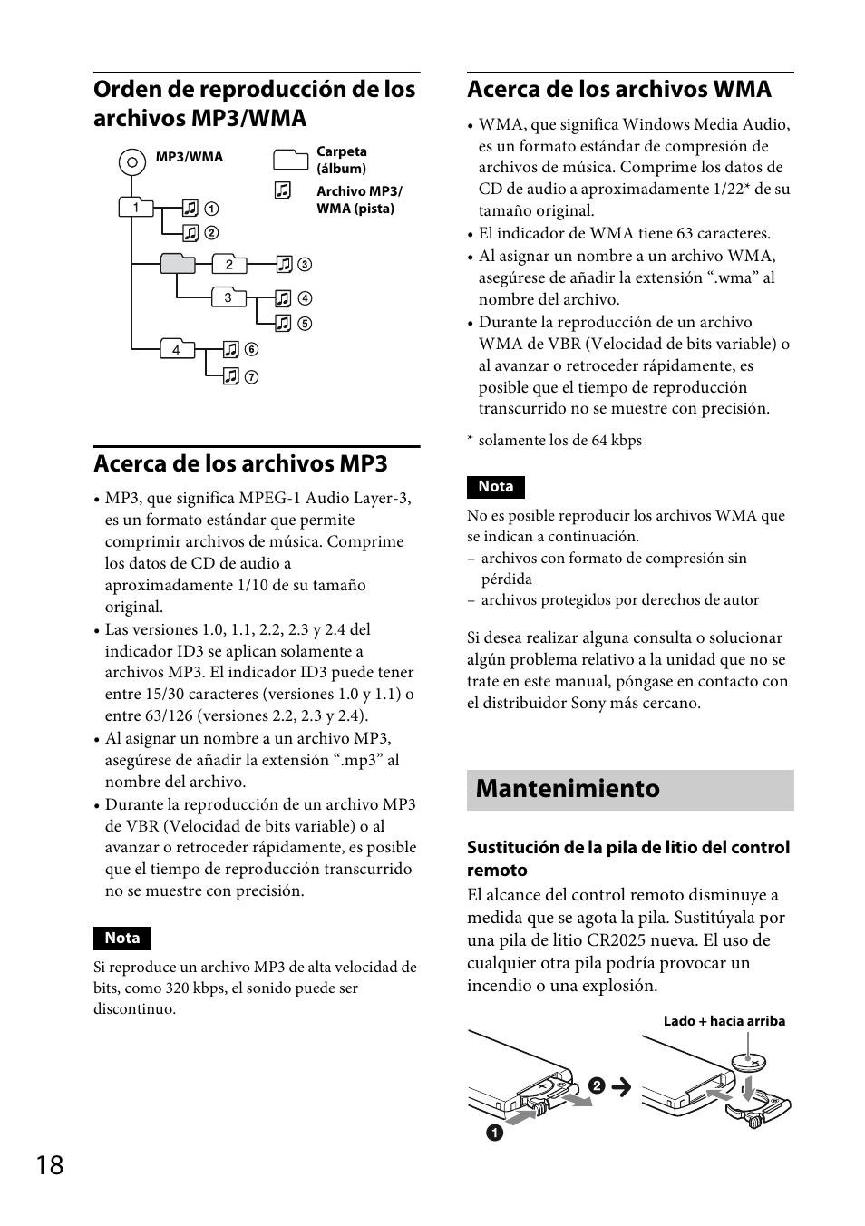 Mantenimiento, Acerca de los archivos wma | Sony CDX-M20 User Manual | Page 62 / 68