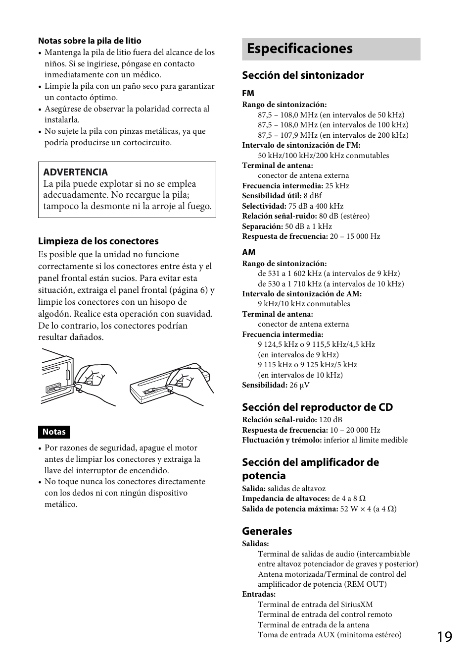 Especificaciones, Sección del sintonizador, Sección del reproductor de cd | Sección del amplificador de potencia, Generales | Sony CDX-M20 User Manual | Page 63 / 68