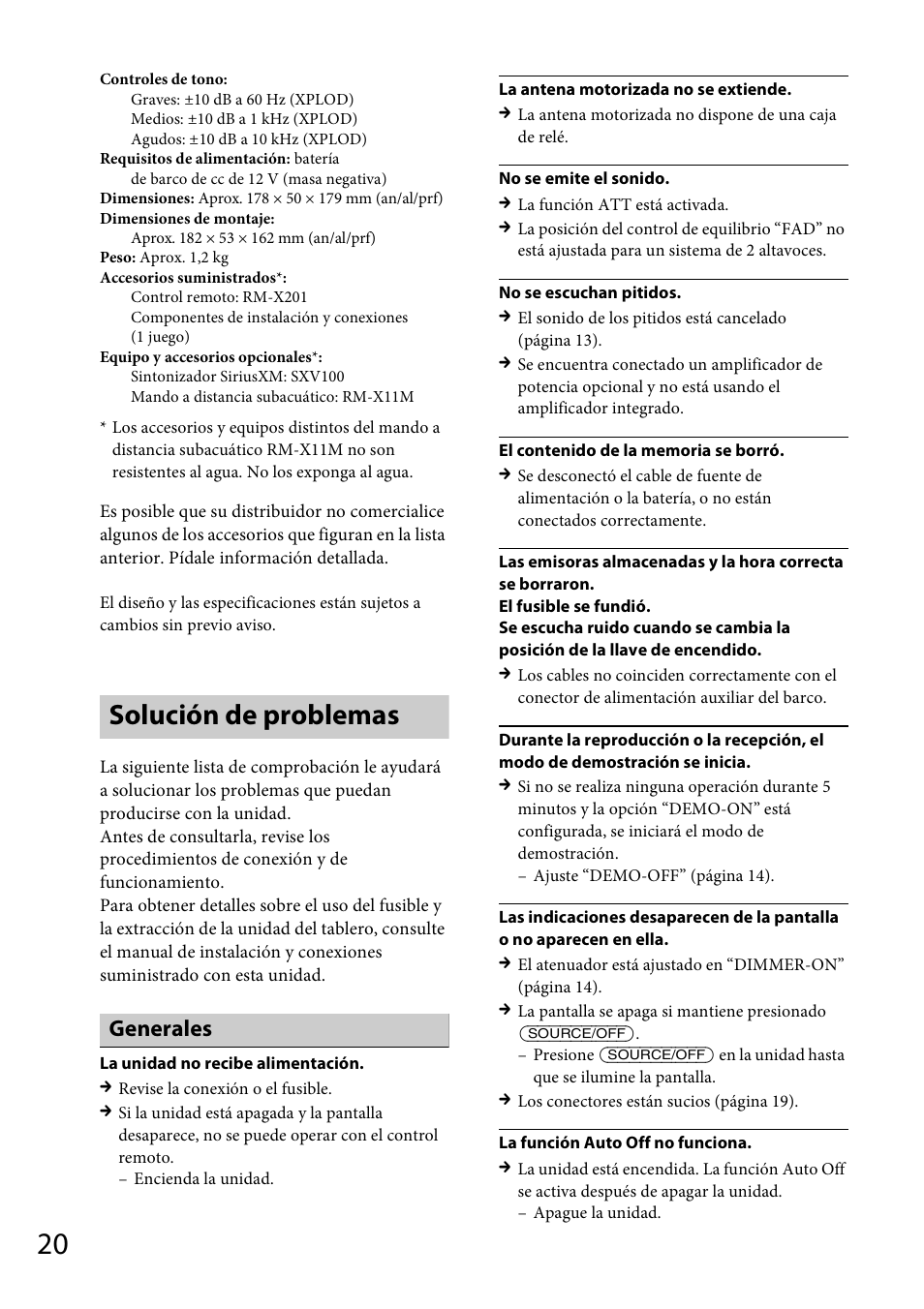 Solución de problemas, Generales | Sony CDX-M20 User Manual | Page 64 / 68