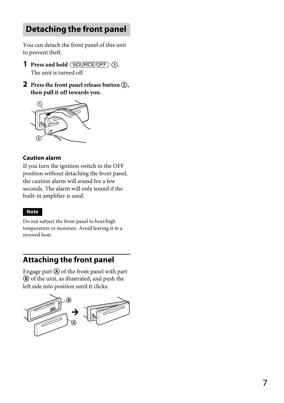 Detaching the front panel, Attaching the front panel | Sony CDX-M20 User Manual | Page 7 / 68