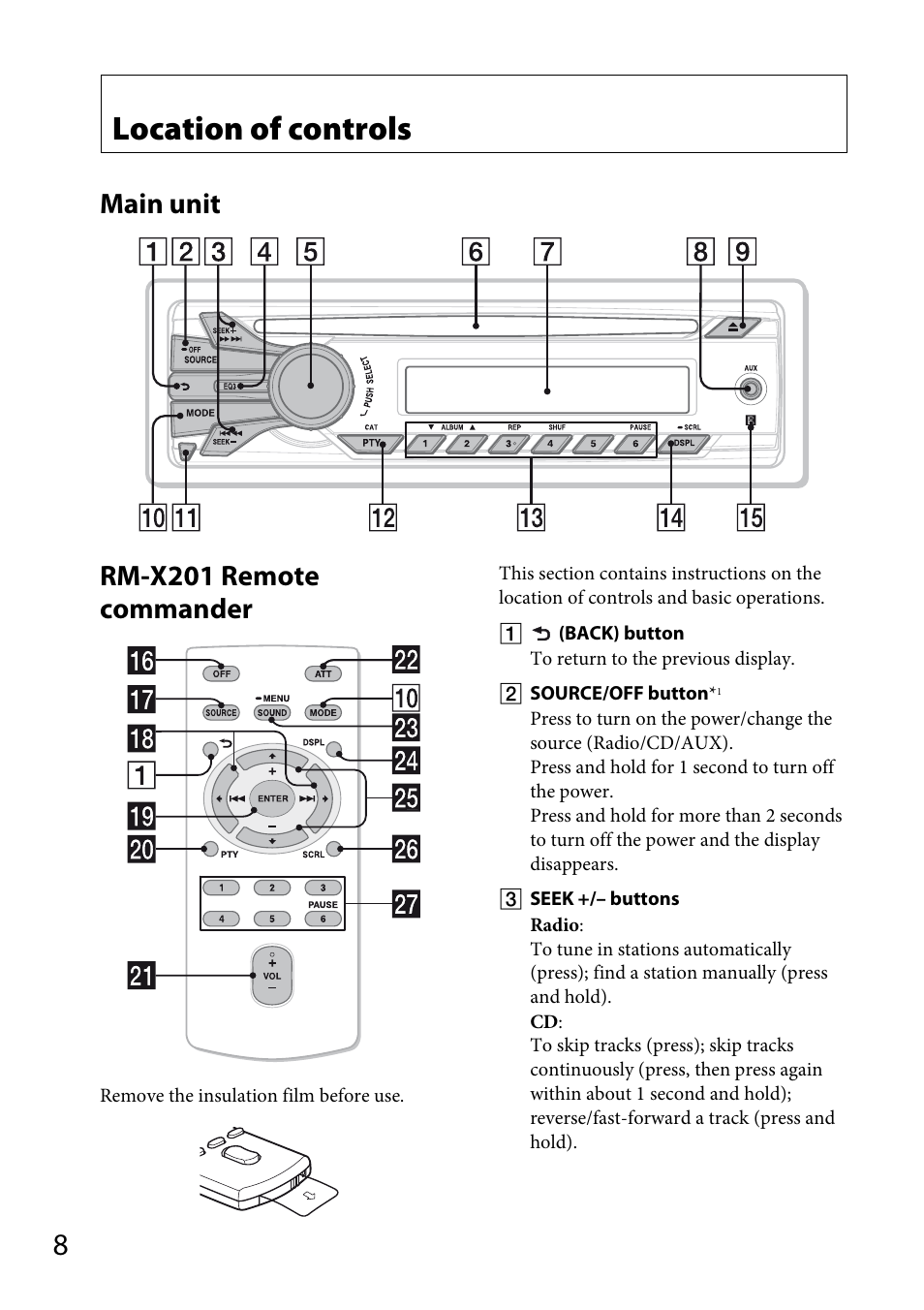 Location of controls, Main unit, Rm-x201 remote commander | Main unit rm-x201 remote commander | Sony CDX-M20 User Manual | Page 8 / 68