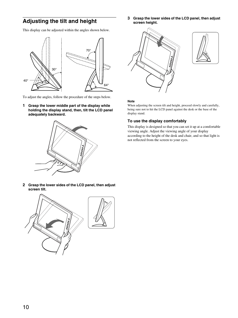 Adjusting the tilt and height, 10 adjusting the tilt and height | Sony SDM-M51D User Manual | Page 10 / 104