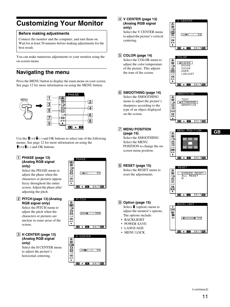 Customizing your monitor, Navigating the menu | Sony SDM-M51D User Manual | Page 11 / 104