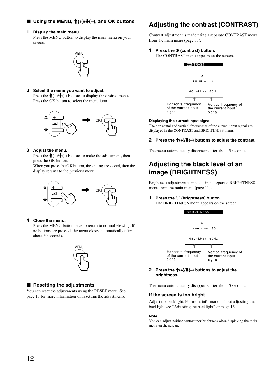 Adjusting the contrast (contrast), Adjusting the black level of an image (brightness) | Sony SDM-M51D User Manual | Page 12 / 104