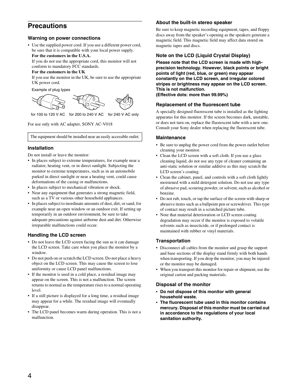 Precautions, 4precautions | Sony SDM-M51D User Manual | Page 4 / 104
