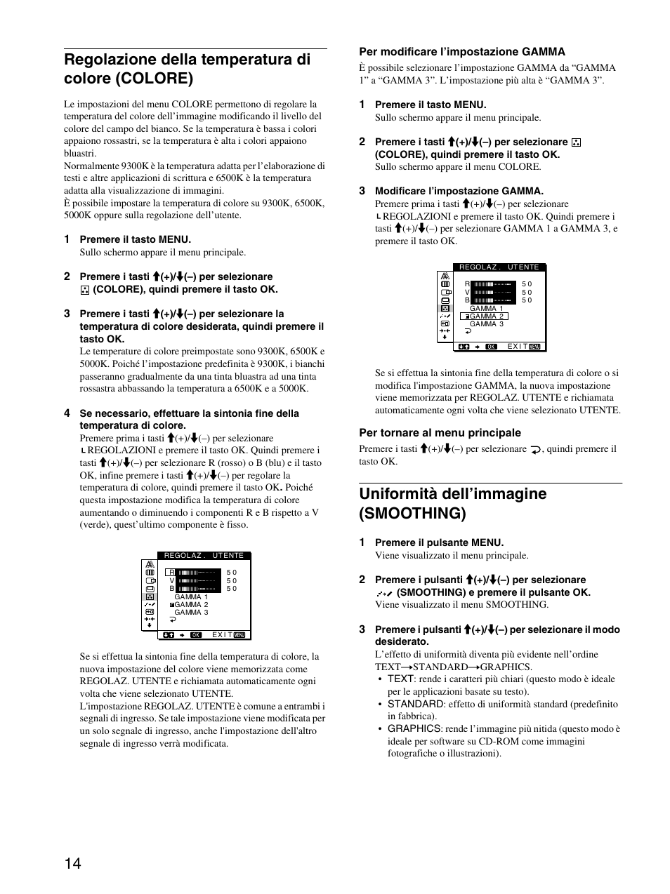 Regolazione della temperatura di colore (colore), Uniformità dell’immagine (smoothing) | Sony SDM-M51D User Manual | Page 94 / 104