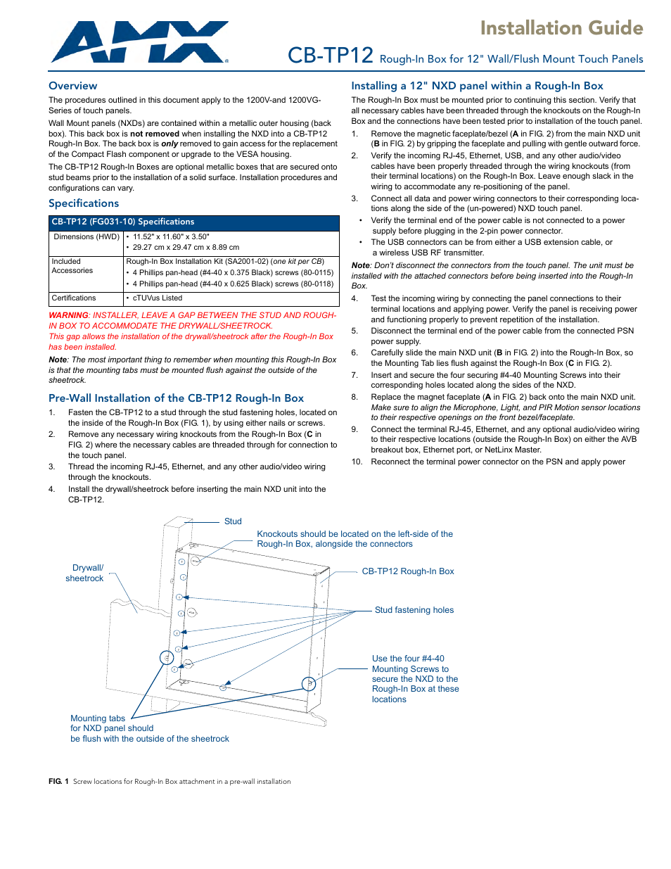 AMX Rough-In Box for 12" Wall/Flush Mount Touch Panels CB-TP12 User Manual | 2 pages