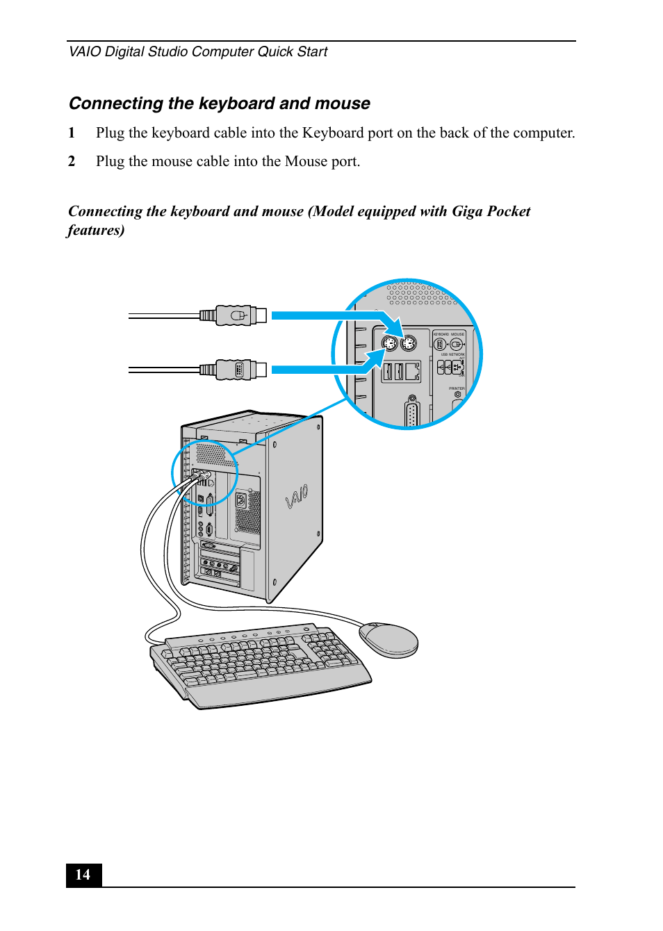 Connecting the keyboard and mouse, Vaio digital studio computer quick start | Sony PCV-RX791 User Manual | Page 14 / 36