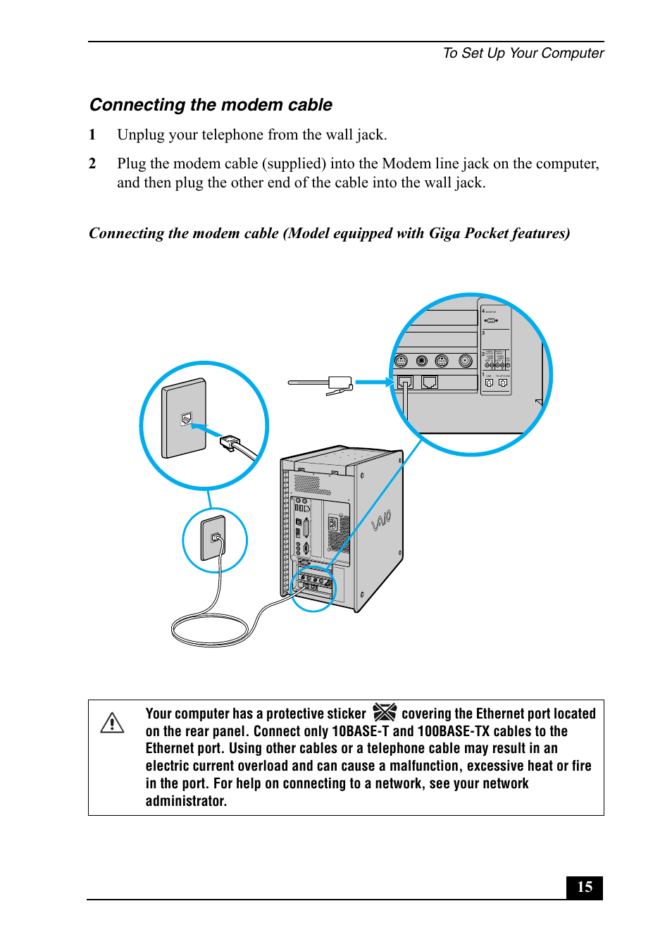 Connecting the modem cable | Sony PCV-RX791 User Manual | Page 15 / 36