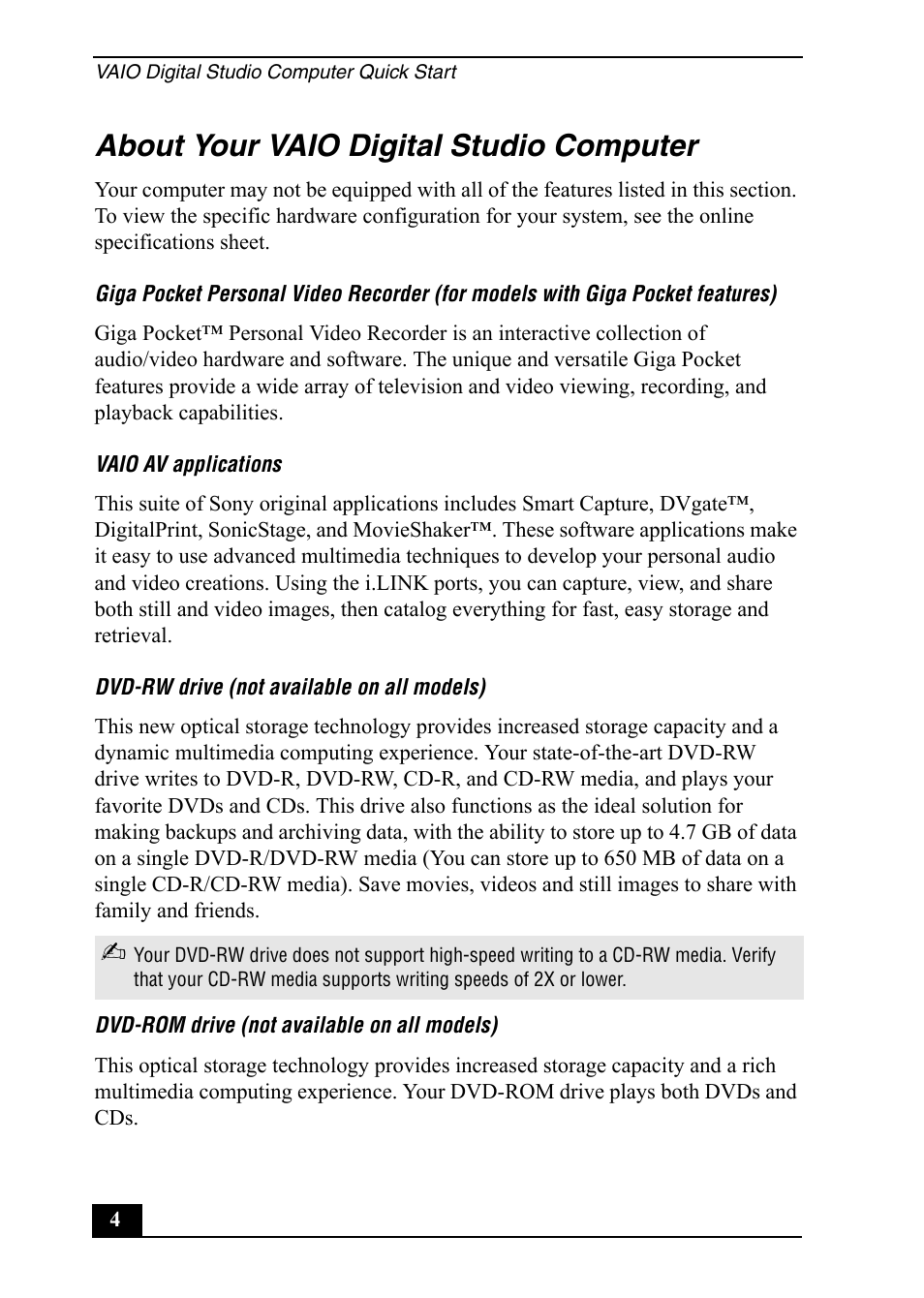 About your vaio digital studio computer | Sony PCV-RX791 User Manual | Page 4 / 36