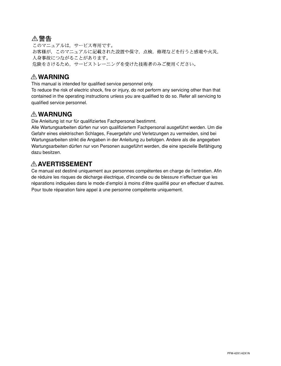 Warning, Warnung, Avertissement | Sony PFM-42X1 User Manual | Page 2 / 26