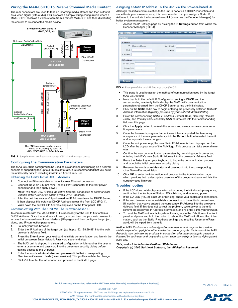 Configuring the communication parameters, Obtaining the unit’s initial dhcp address, Troubleshooting | AMX Video Decoder MAX-CSD10 User Manual | Page 2 / 2