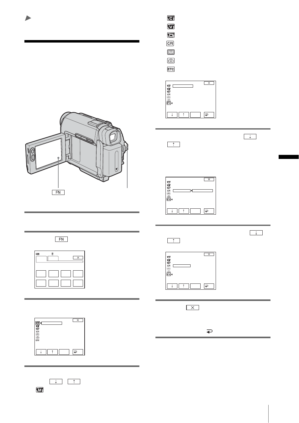 Customizing your camcorder, Changing the menu settings, Advanced operations | Customizing your cam- corder, Cu stom izin g you r camco rde r, Turn on the power (p. 15), Touch to display [page1, Touch menu to display the menu, Select the desired item with / , then touch [exec, Touch (close) to hide the menu screen | Sony DCR-HC20 User Manual | Page 43 / 100