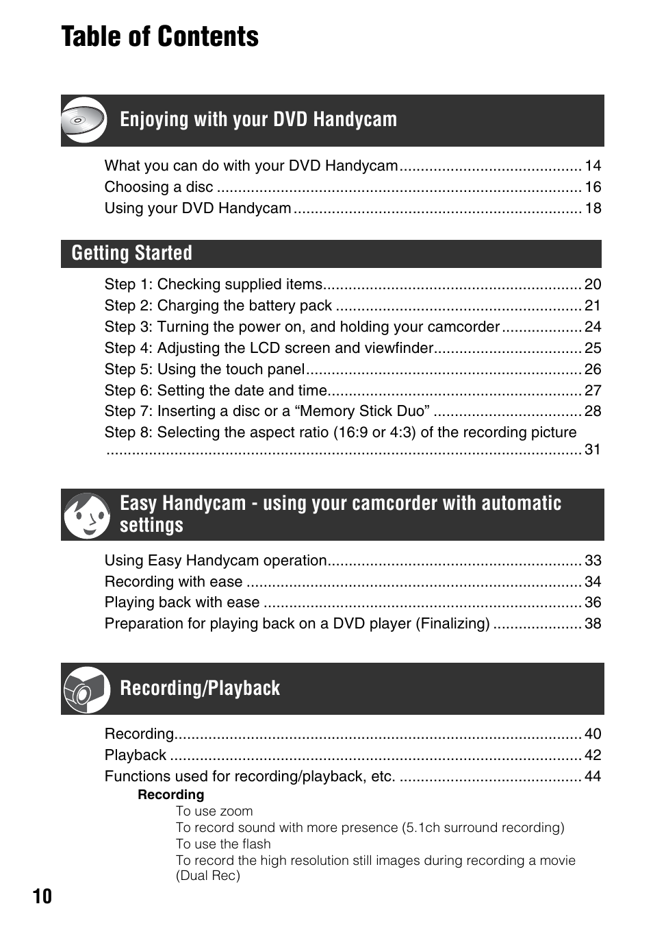 Sony DCR-DVD505 User Manual | Page 10 / 152