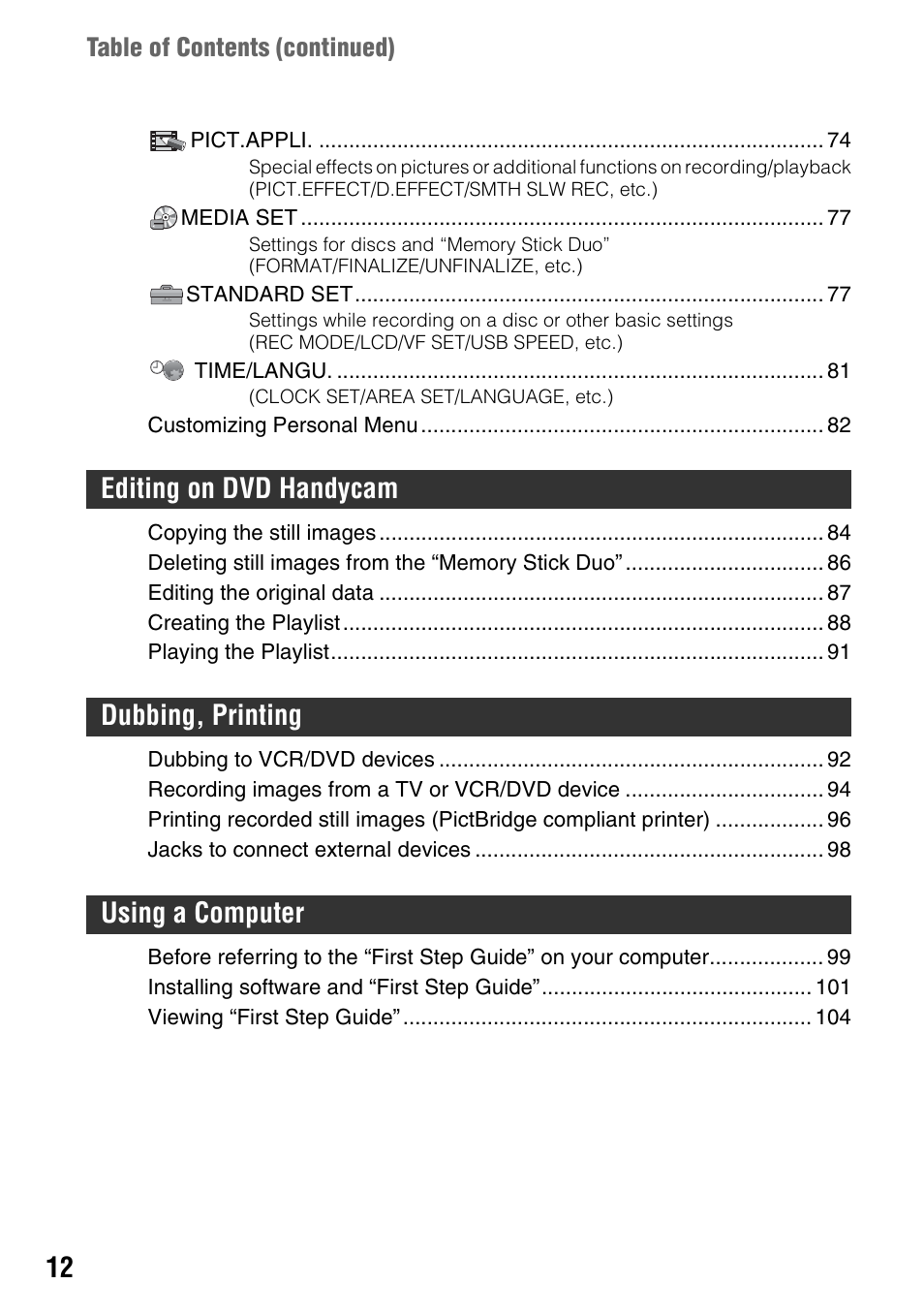 Sony DCR-DVD505 User Manual | Page 12 / 152