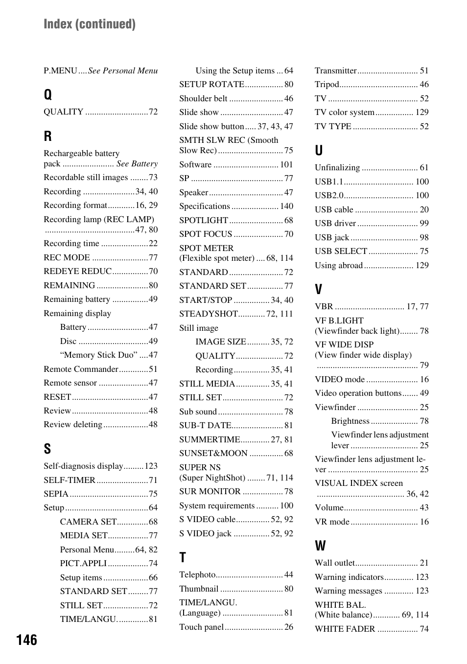 Index (continued) | Sony DCR-DVD505 User Manual | Page 146 / 152