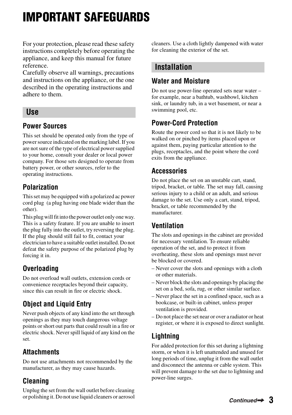 Important safeguards, Use installation | Sony DCR-DVD505 User Manual | Page 3 / 152