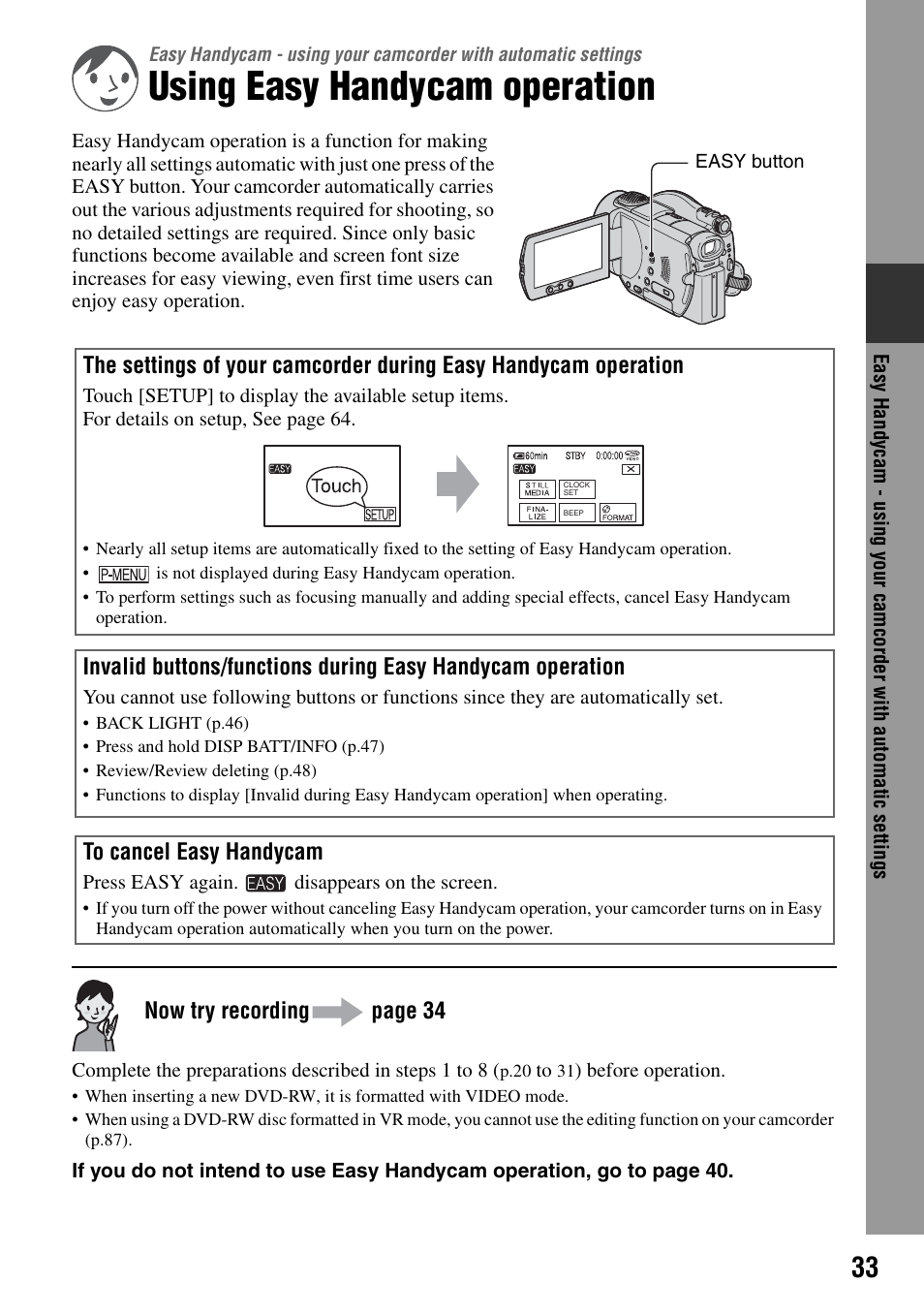 Using easy handycam operation, Easy, Handycam 33 | P.33) | Sony DCR-DVD505 User Manual | Page 33 / 152