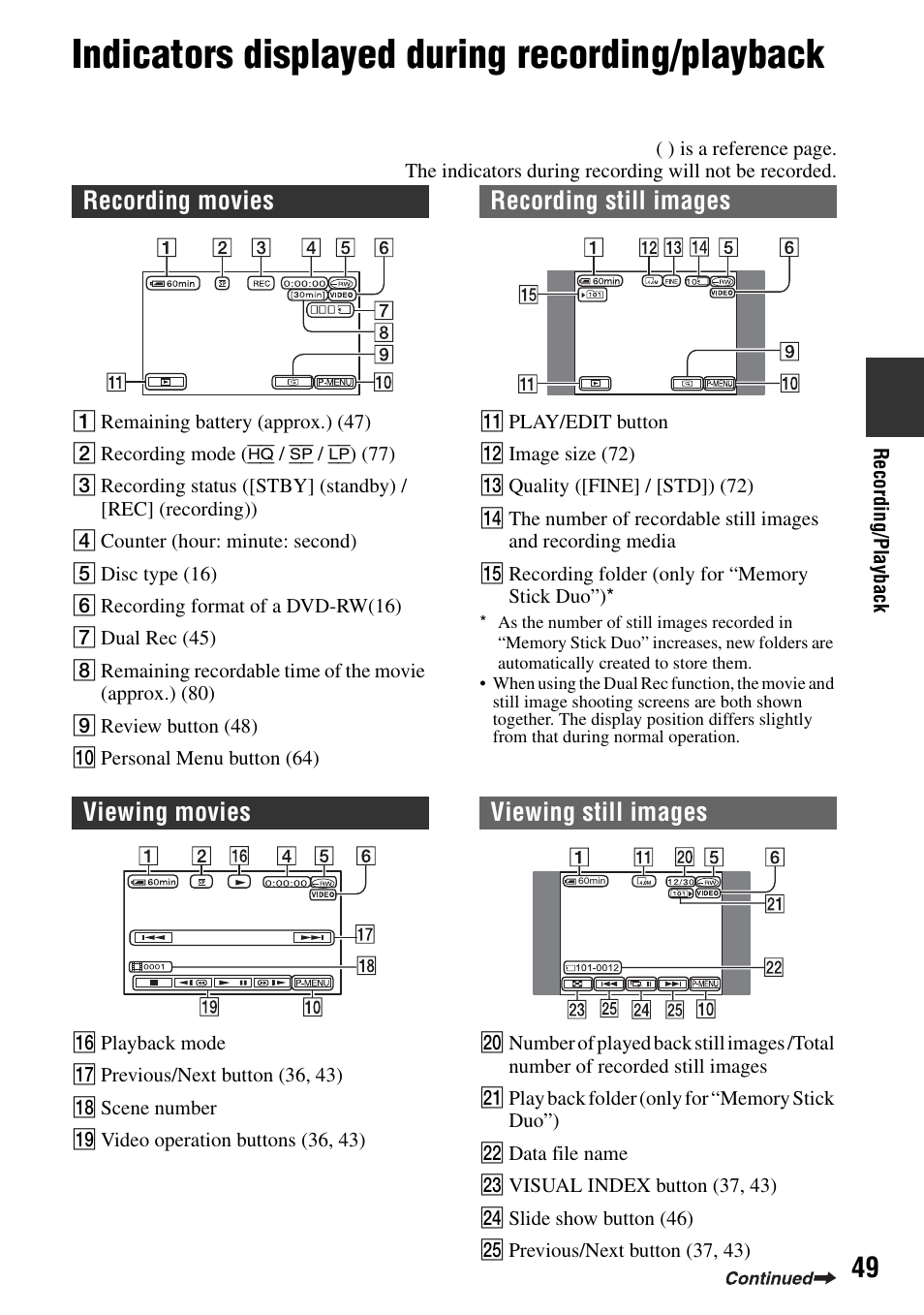 Indicators displayed during recording/playback, Recording movies recording still images, Viewing movies viewing still images | Sony DCR-DVD505 User Manual | Page 49 / 152