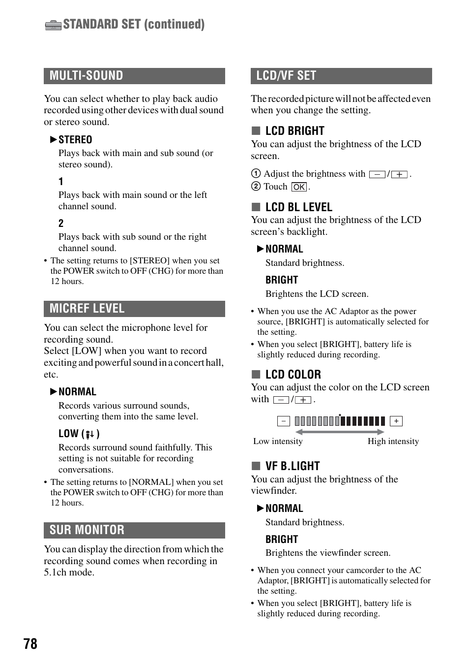 Ight] (p.78), T] (p.78), Standard set (continued) | Multi-sound micref level sur monitor lcd/vf set | Sony DCR-DVD505 User Manual | Page 78 / 152