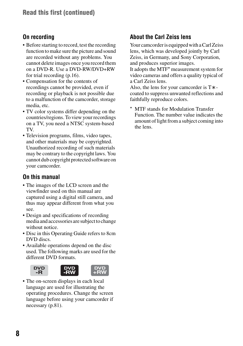 Read this first (continued) | Sony DCR-DVD505 User Manual | Page 8 / 152