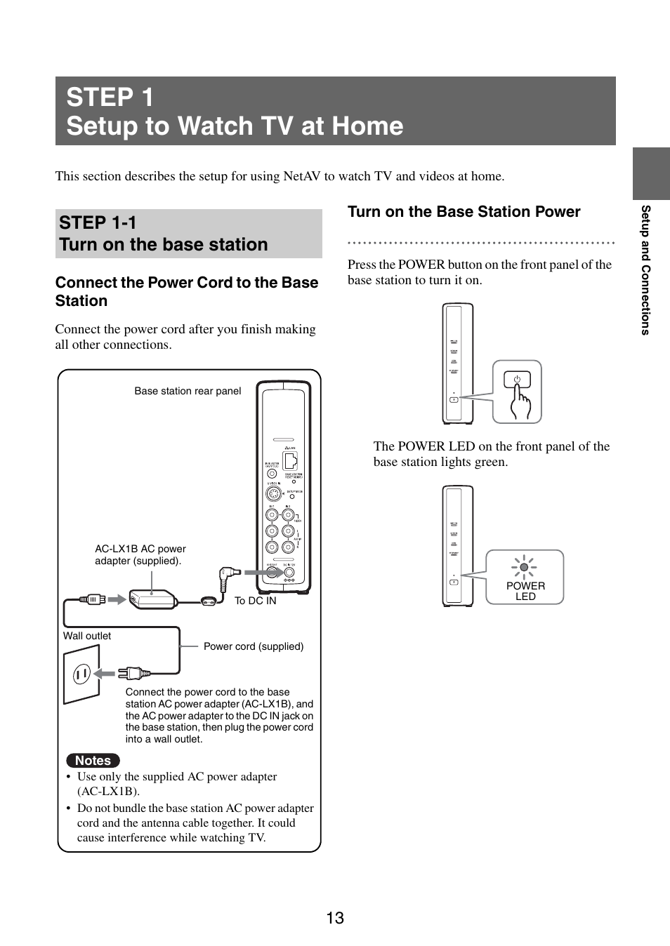 Step 1 setup to watch tv at home, Wer led, Tton | In jack, Step 1-1 turn on the base station, Connect the power cord to the base station, Turn on the base station power | Sony LF-PK1 User Manual | Page 13 / 59