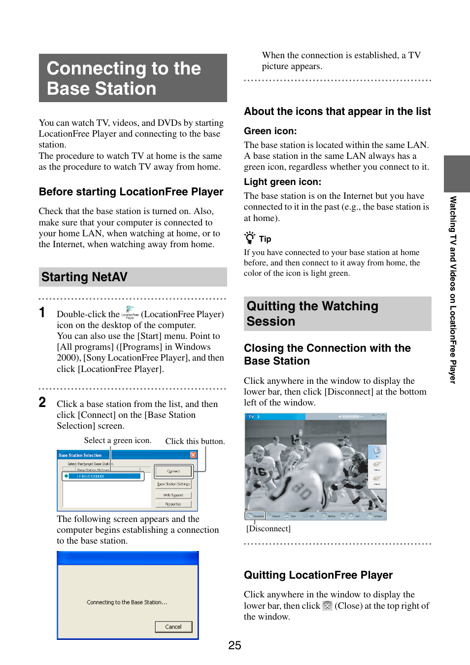 Connecting to the base station, Starting netav, Quitting the watching session | Sony LF-PK1 User Manual | Page 25 / 59