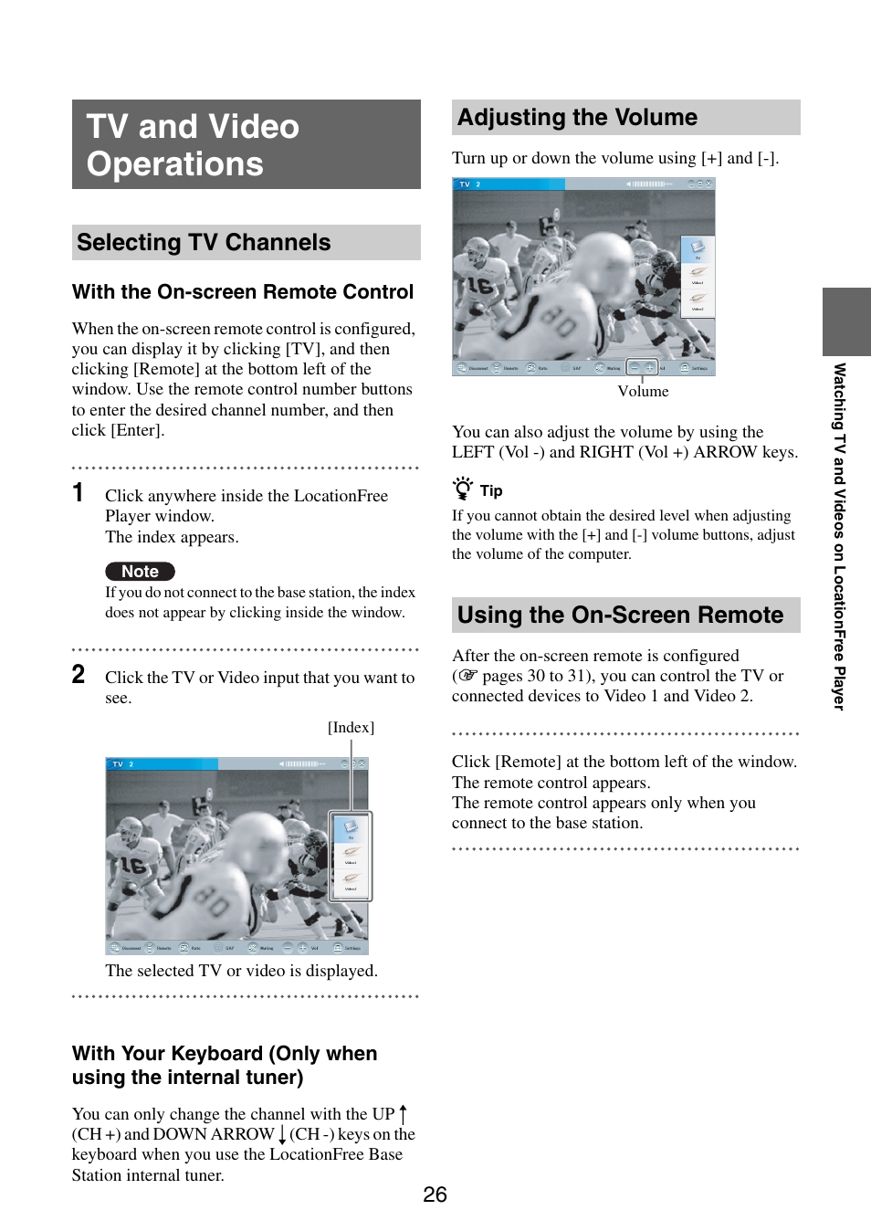 Tv and video operations, Selecting tv channels, Adjusting the volume using the on-screen remote | Sony LF-PK1 User Manual | Page 26 / 59