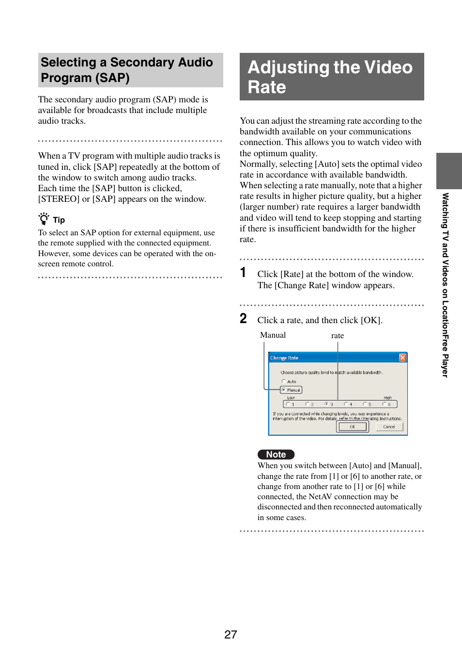 Adjusting the video rate, Selecting a secondary audio program (sap) | Sony LF-PK1 User Manual | Page 27 / 59