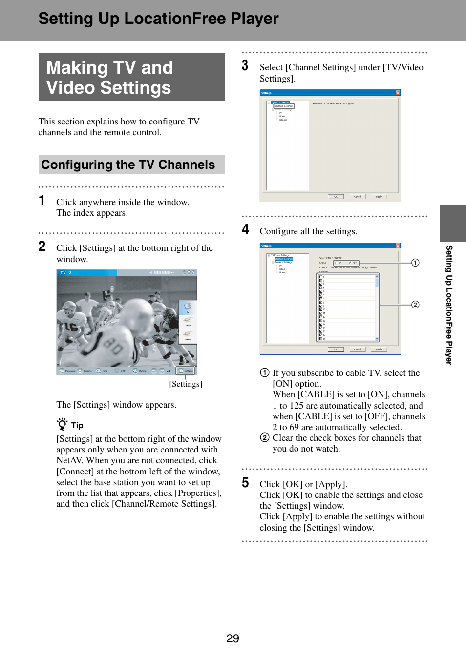Setting up locationfree player, Making tv and video settings, Configuring the tv channels | Sony LF-PK1 User Manual | Page 29 / 59
