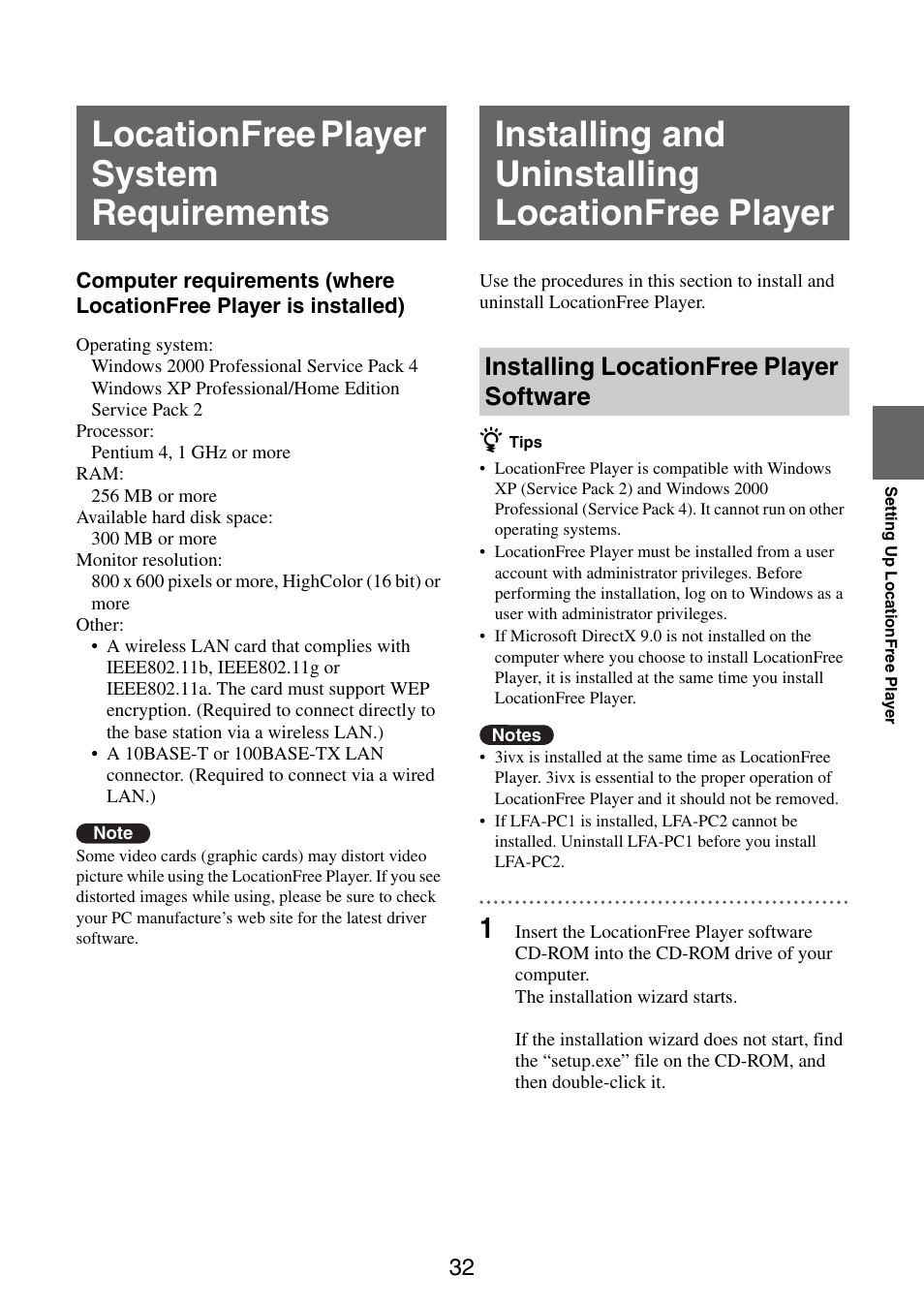 Locationfree player system requirements, Installing and uninstalling locationfree player, Installing locationfree player software | Sony LF-PK1 User Manual | Page 32 / 59