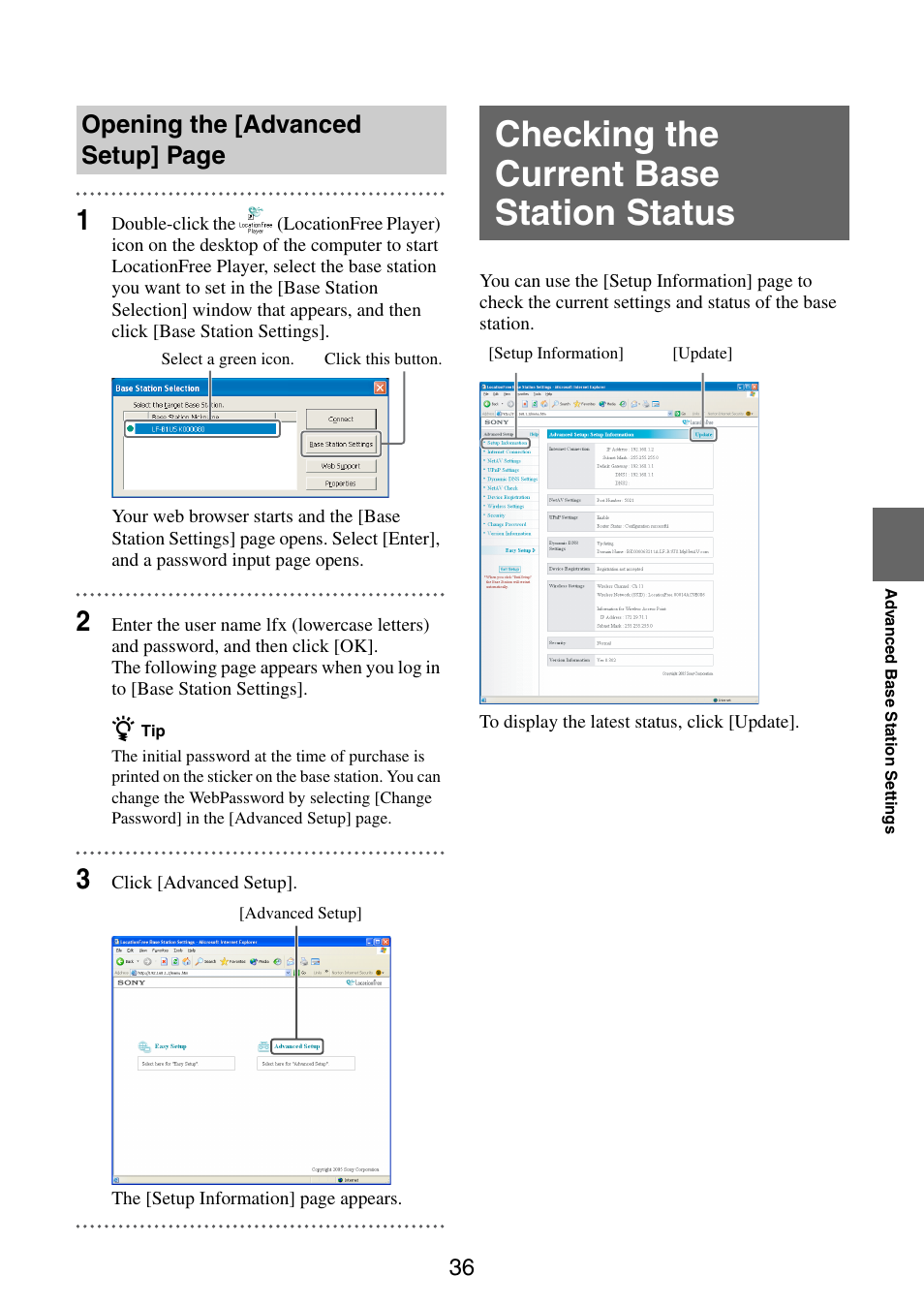 Checking the current base station status, Opening the [advanced setup] page | Sony LF-PK1 User Manual | Page 36 / 59