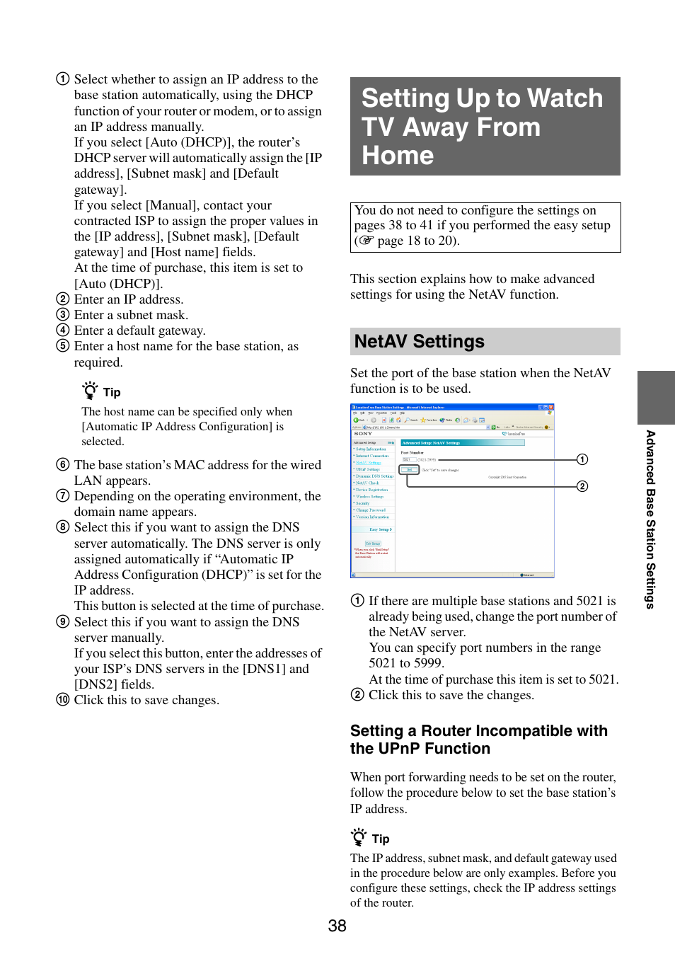 Setting up to watch tv away from home, Netav settings | Sony LF-PK1 User Manual | Page 38 / 59