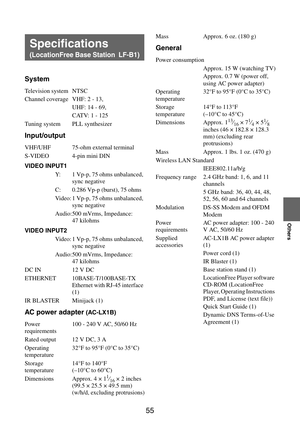 Specifications (locationfree base station lf-b1), Specifications | Sony LF-PK1 User Manual | Page 55 / 59