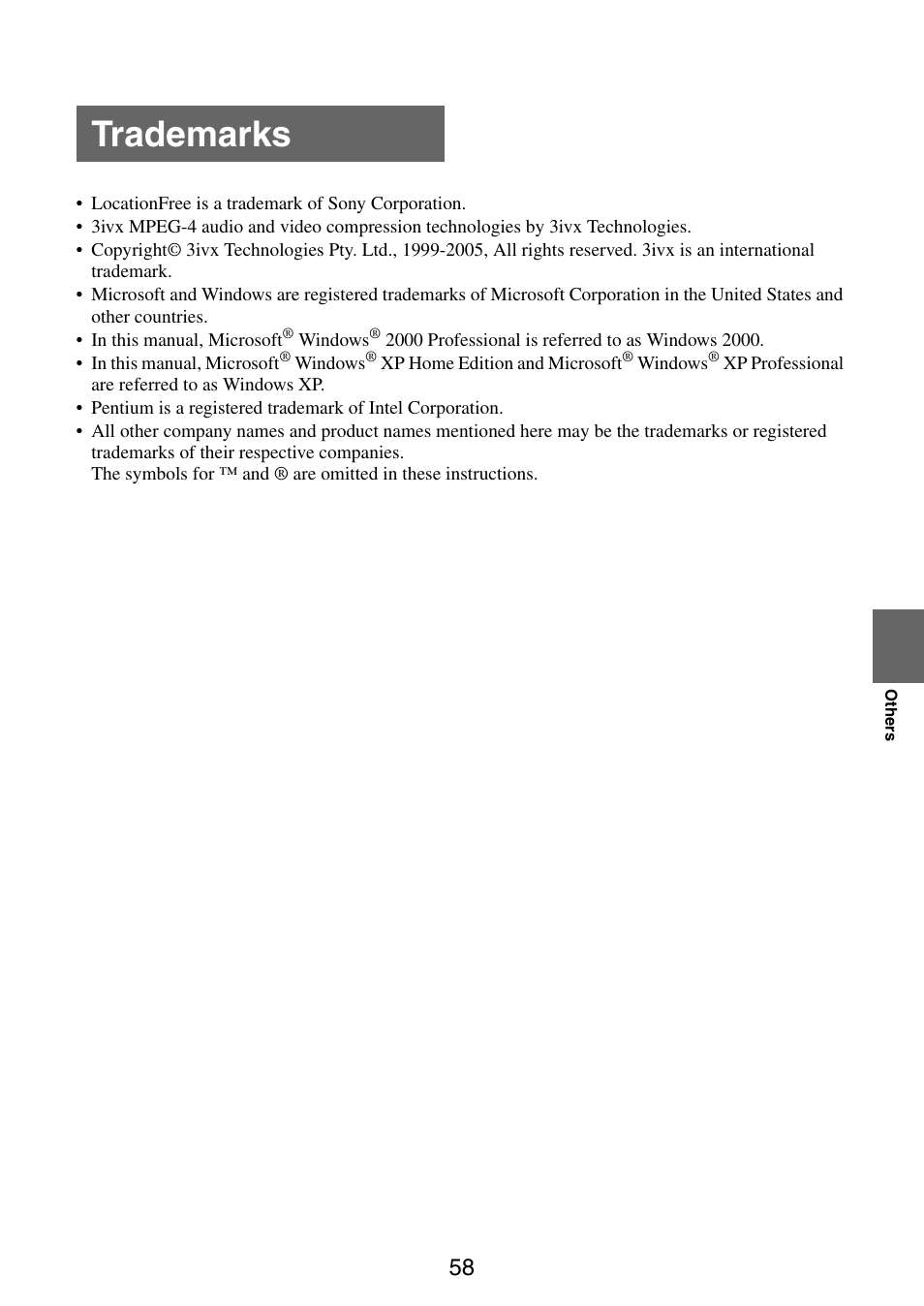 Trademarks | Sony LF-PK1 User Manual | Page 58 / 59