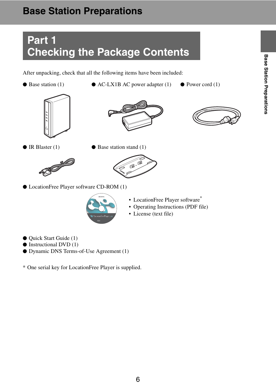 Base station preparations, Part 1 checking the package contents | Sony LF-PK1 User Manual | Page 6 / 59