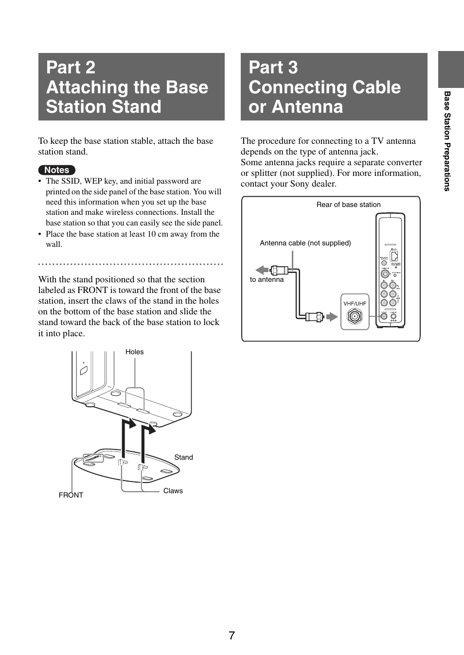 Part 2 attaching the base station stand, Part 3 connecting cable or antenna | Sony LF-PK1 User Manual | Page 7 / 59