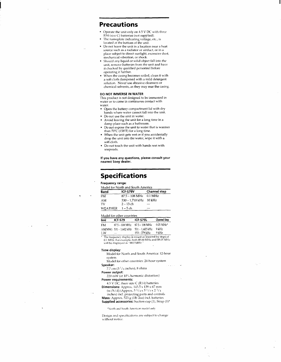 Precautions, Do not immerse in water, Specifications | Frequency range, Band, 1cf-s79v, Channel step, Icf-s79, Icf-s79l, Time display | Sony ICF-S79V User Manual | Page 10 / 10