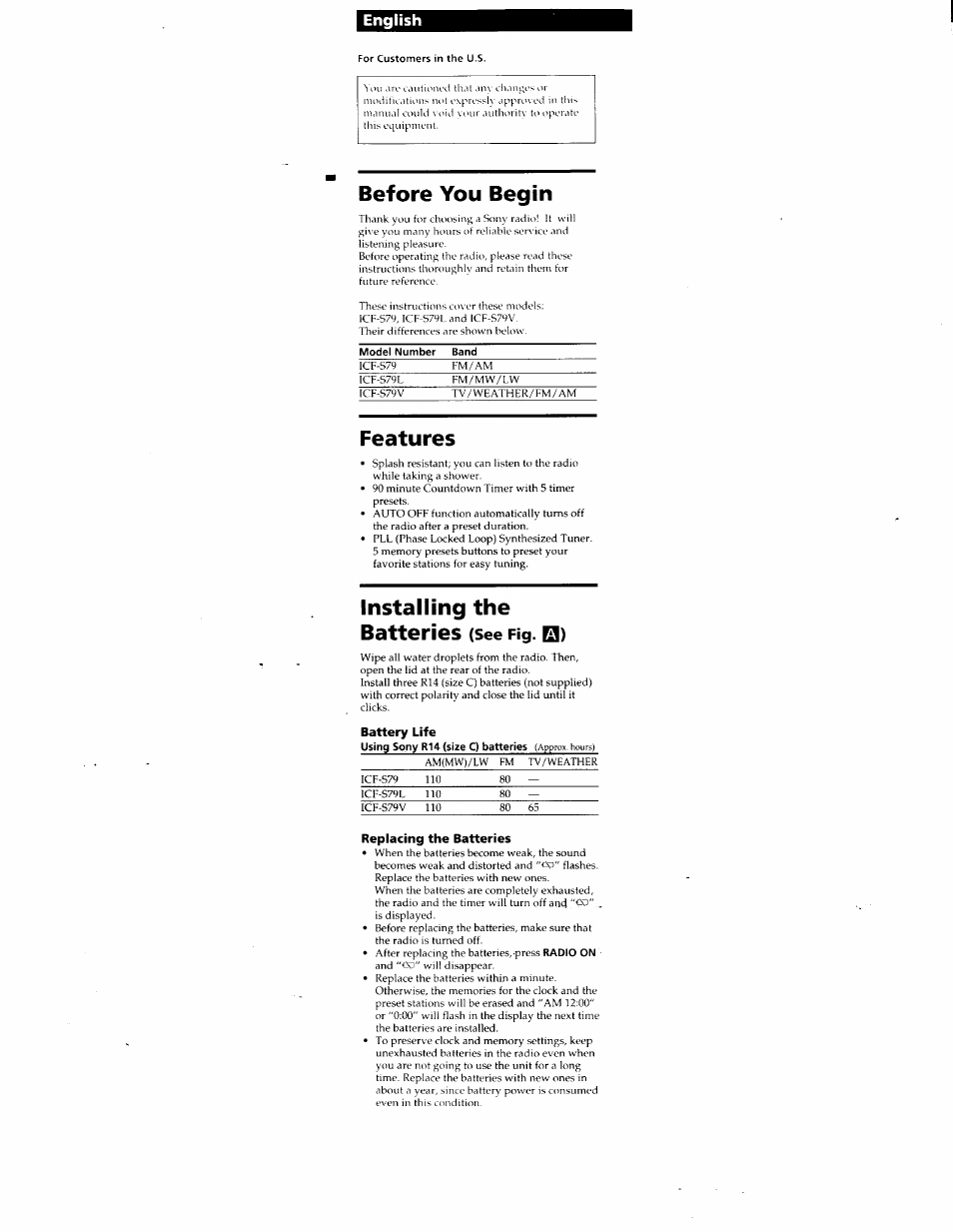 Before you begin, Features, Installing the batteries (see fig. □) | Battery life, Replacing the batteries, Installing the batteries, English, See fig. □) | Sony ICF-S79V User Manual | Page 5 / 10