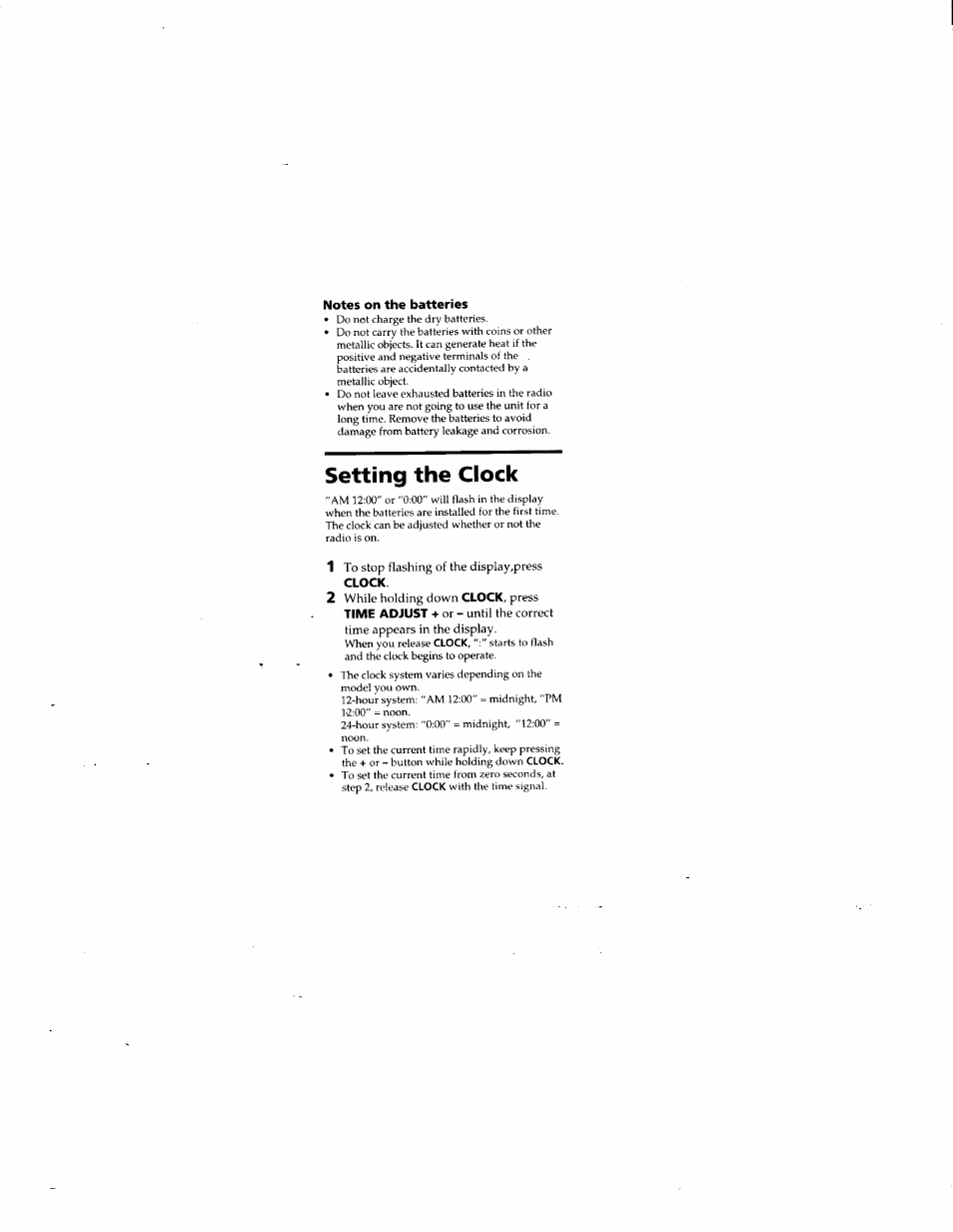 Notes on the batteries, Setting the clock | Sony ICF-S79V User Manual | Page 6 / 10