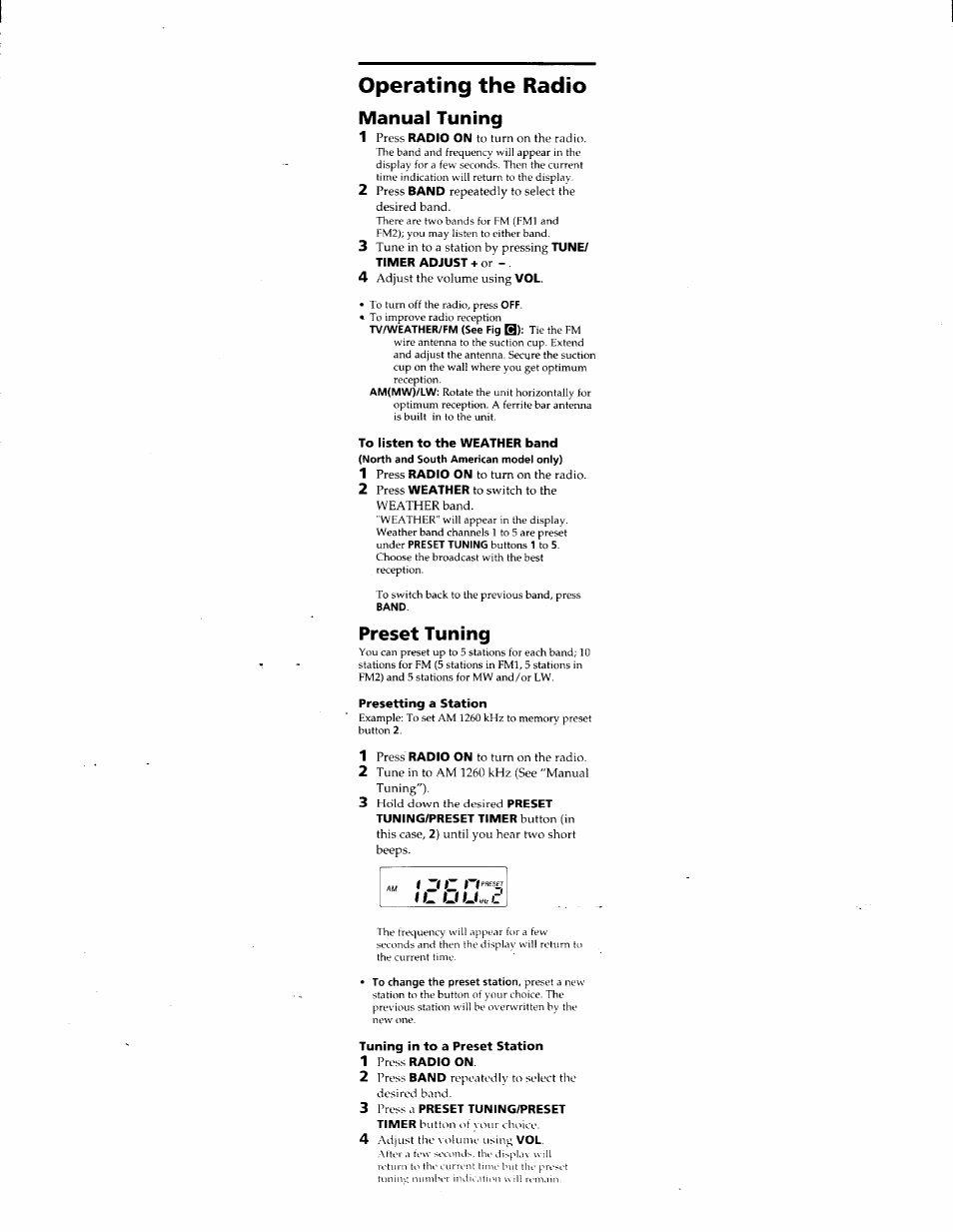 Operating the radio, Manual tuning, To listen to the weather band | North and south american model only), Band, Preset tuning, Presetting a station, Tuning in to a preset station, 1 press radio on, Zf c | Sony ICF-S79V User Manual | Page 7 / 10