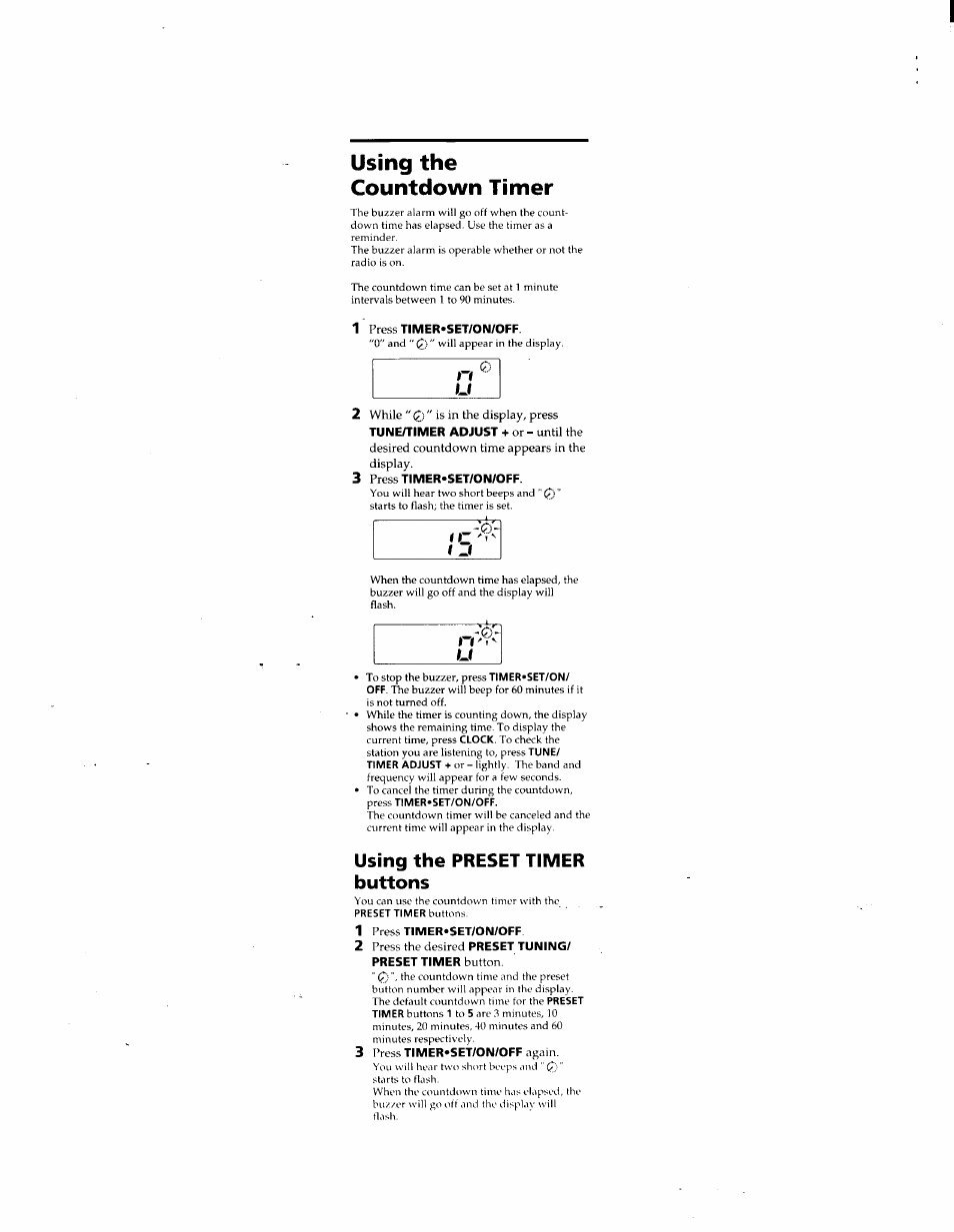 Using the countdown timer, 1 press timer*set/on/off, Press timer»set/on/off | Using the preset timer buttons, 3 press timer»set/on/off again | Sony ICF-S79V User Manual | Page 8 / 10
