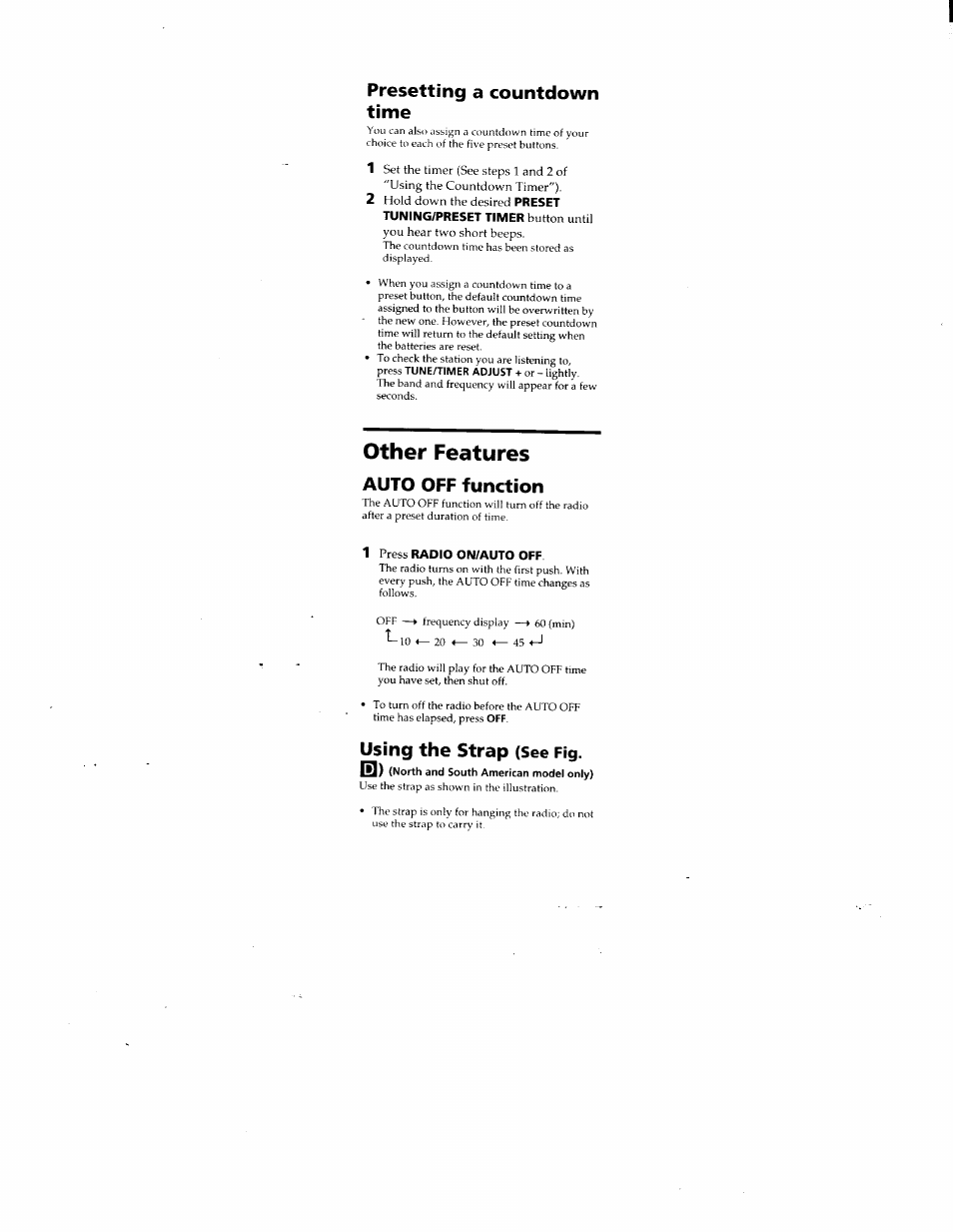 Presetting a countdown time, Other features, Auto off function | 1 press radio on/auto off, Using the strap (see fig, B) (north and south american model only), Using the strap, See fig | Sony ICF-S79V User Manual | Page 9 / 10