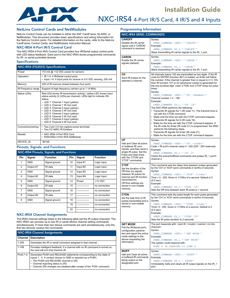 AMX NXC-IRS4 User Manual | 2 pages