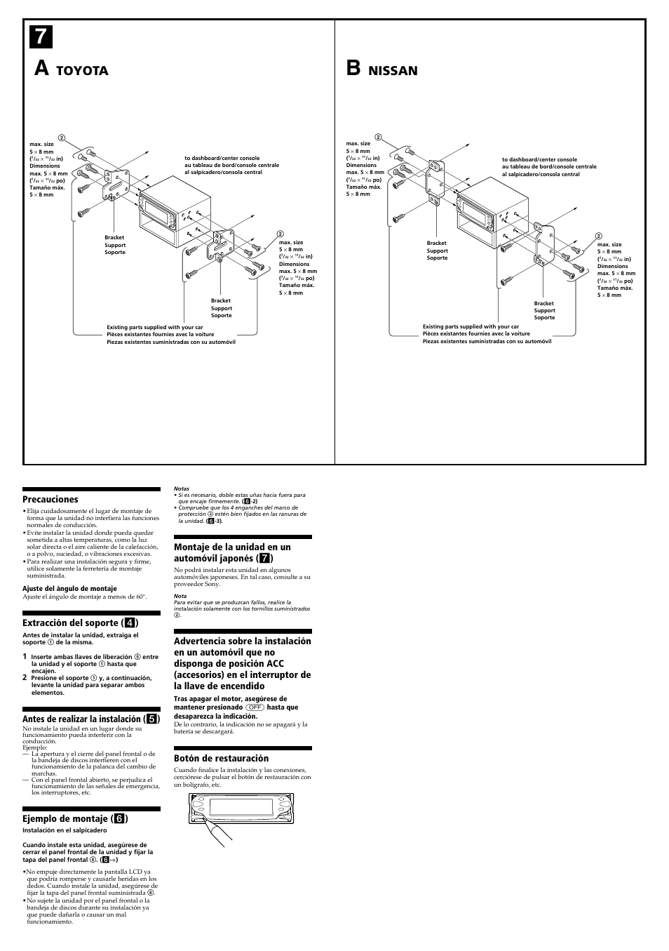 Toyota, Nissan, Precauciones | Extracción del soporte ( 4 ), Antes de realizar la instalación ( 5 ), Ejemplo de montaje ( 6 ), Montaje de la unidad en un automóvil japonés ( 7 ), Botón de restauración | Sony CDX-M3DI User Manual | Page 4 / 4