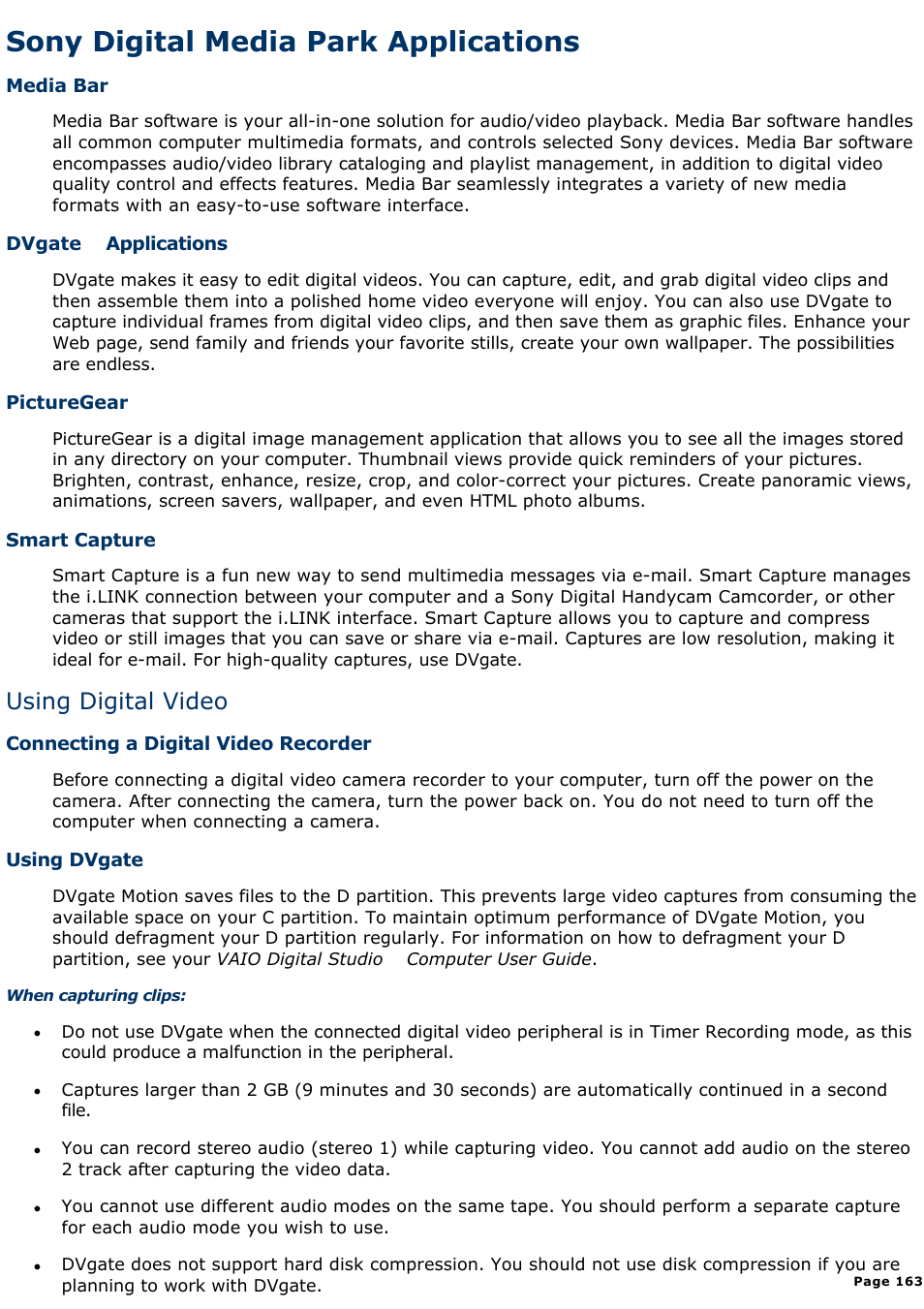 Using dvgate, Sony digital media park applications, Using digital video | Sony PCV-R545DS User Manual | Page 163 / 439