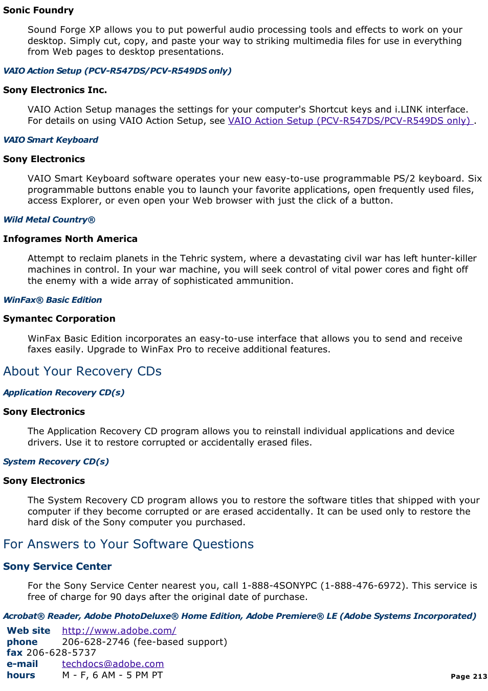 About your recovery cds, For answers to your software questions | Sony PCV-R545DS User Manual | Page 213 / 439